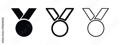 Medal award icon set. Competition winner or achievement symbol in solid and outline style on white background.