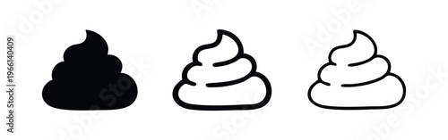 Funny poop icons in three styles, depicting a pile of excrement, often used for humor or mess.