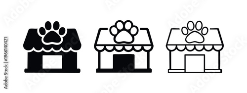 Pet shop icons with paw print in three styles, symbolizing animal stores, pet care, and veterinary services.
