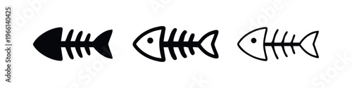 Fish Skeleton Icon Set. Minimalist Dead Fish Bone Symbol Collection in Solid and Outline Styles.