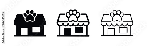 Pet Shop Store Icon Set with Paw Print. Animal Care Building Symbol in Solid and Outline Styles.