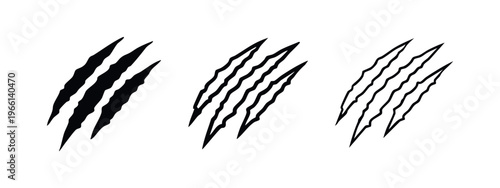 Claw Mark Icons Set. Animal Scratches and Rip Marks in Silhouette, Outline, and Line Styles.