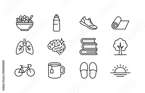 Collection of icons representing healthy lifestyle choices and well-being
