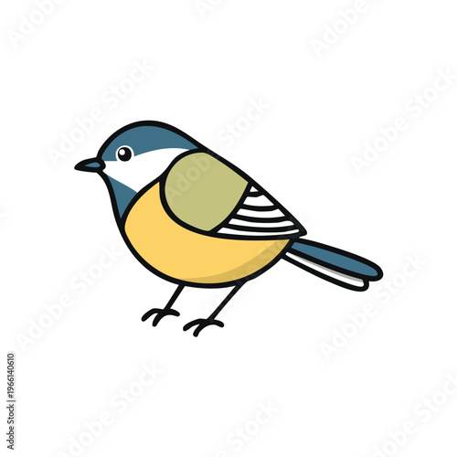 Colorful cartoon illustration of a great tit bird on a white background