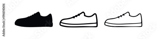 Set of casual sneaker shoe icons in flat, outlined, and bold outlined styles, isolated on white background.