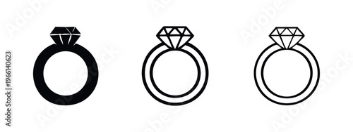 Set of diamond engagement ring icons in flat, outlined, and bold outlined styles, isolated on white background.