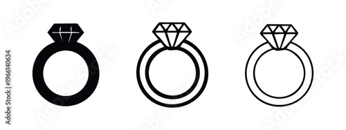 Set of diamond engagement ring icons in flat, outlined, and bold outlined styles, isolated on white background.