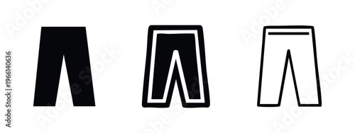 Set of straight leg pants icons in flat, outlined, and bold outlined styles, isolated on white background.