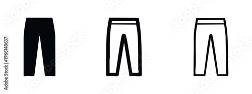 Set of slim fit pants icons in flat, outlined, and bold outlined styles, isolated on white background.