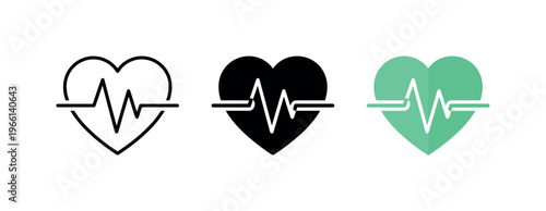 Heartbeat EKG Line Icons in Black, White, and Green on White Background