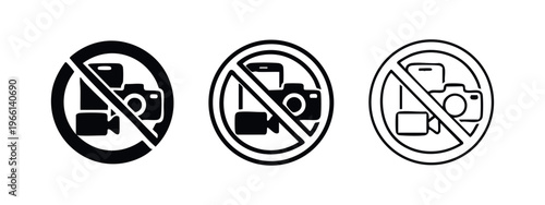 No photos or videos sign. Do not take pictures symbol in solid and outline styles. Camera and video recorder ban icon.