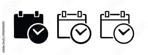 Calendar with check mark icon set. Date approved or event confirmed symbol. Deadline done vector illustration.
