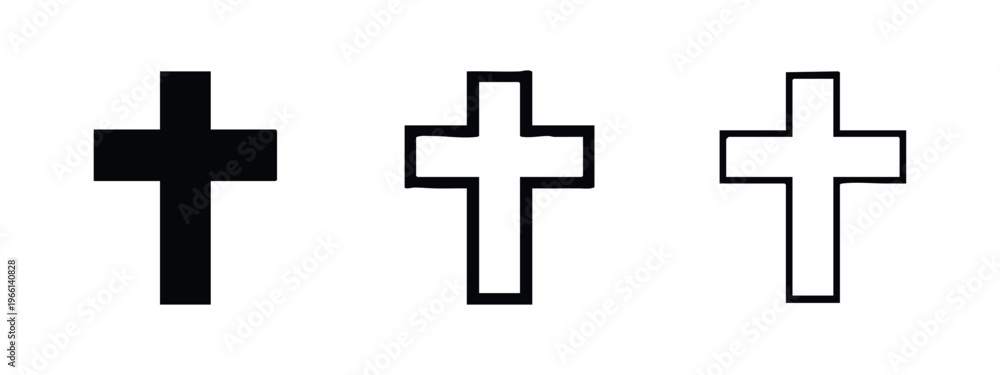 Fototapeta premium Christian cross icon set in solid, bold outline, and thin outline styles on a white background
