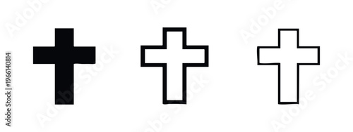 Christian cross icon set in solid, bold outline, and thin outline styles on a white background