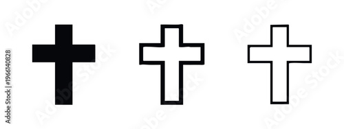 Christian cross icon set in solid, bold outline, and thin outline styles on a white background