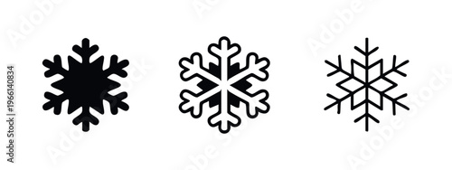 Snowflake icon set in solid, bold outline, and thin outline styles on a white background