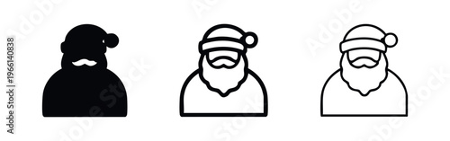 Santa Claus bust icon set with hat and beard in solid, bold outline, and thin outline styles on a white background