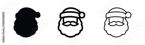 Santa Claus face icon set with hat and beard in solid, bold outline, and thin outline styles on a white background