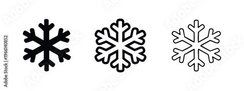 Snowflake icon set in solid, bold outline, and thin outline styles on a white background