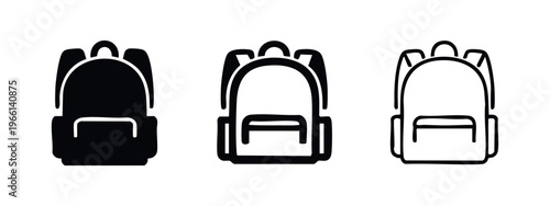 Backpack Icon Set. Collection of School Bag and Travel Luggage Symbols in Black and Outline Styles