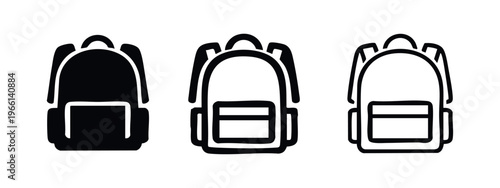 Backpack Icon Set with Front Pocket. School Bag and Travel Luggage Symbols in Black and Outline Styles