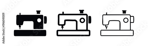 Sewing machine icon vector. Tailoring, craftsmanship, fashion design equipment symbol in solid, bold outline, and thin outline styles.