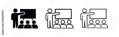 Business Presentation and Meeting Icon Set: Speaker Addressing an Audience with a Blank Board
