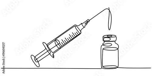 A continuous line drawing of a medical syringe and a small vial for vaccination or medication use.