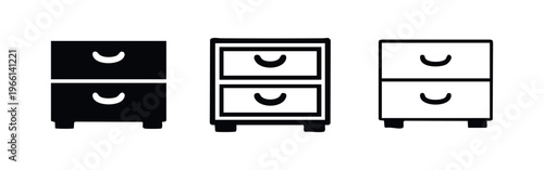 Two-Drawer Cabinet Icon Set: Solid, Outline, and Line Art Styles for Furniture and Storage