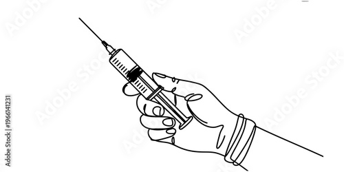 A simple black and white line drawing of a gloved hand holding a medical syringe for injection