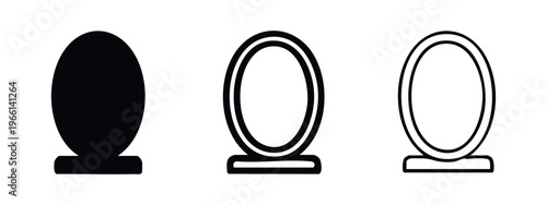 Set of black and white oval mirror icons with a stand, in solid, thick outline, and thin outline styles for vanity or decor.