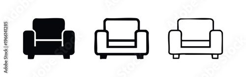 Set of black and white armchair icons in solid, thick outline, and thin outline styles, representing comfortable furniture for home.