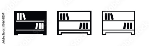 Bookshelf with Books Icon Set - Minimalist Black and White Vector Illustration