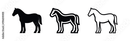 Detailed Horse Icon Set: Black Silhouette and Outline Illustrations of an Equine Animal