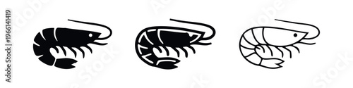 Hand drawn shrimp icon set. Seafood vector illustrations of prawns for marine food and restaurant designs.