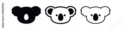 Koala Head Icon Set: Black Silhouette and Outline Illustrations of a Cute Marsupial