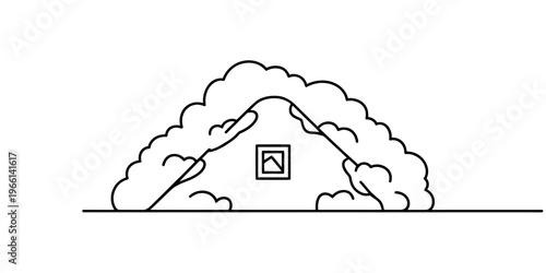 A minimalist line art illustration depicting a mountain peak surrounded by fluffy cloud formations
