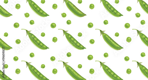 Seamless pea pattern vector. Green pea pods and seeds scattered on white background. Fresh vegetable repeat design for food packaging, textile, wallpaper and organic themes.
