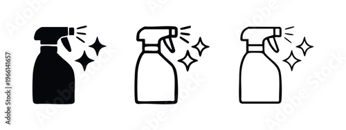 Cleaning spray bottle with sparkle icon set, disinfectant cleaner vector illustration