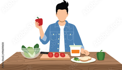 Healthy eating concept vector illustration. Man preparing fresh salad with vegetables on table. Nutrition, diet and clean eating lifestyle design for wellness and food themes.