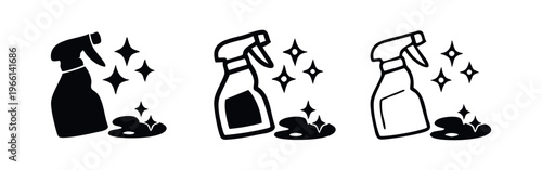 Cleaning spray bottle with splash and sparkle icon set, disinfectant cleaner vector
