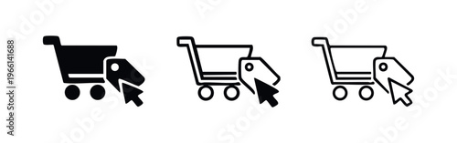 Online shopping cart with mouse cursor icon set, e-commerce click to buy vector