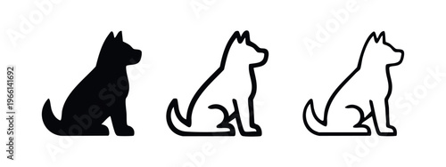 Dog sitting silhouette and outline icons, Pet animal vector illustration, Canine companion symbols.