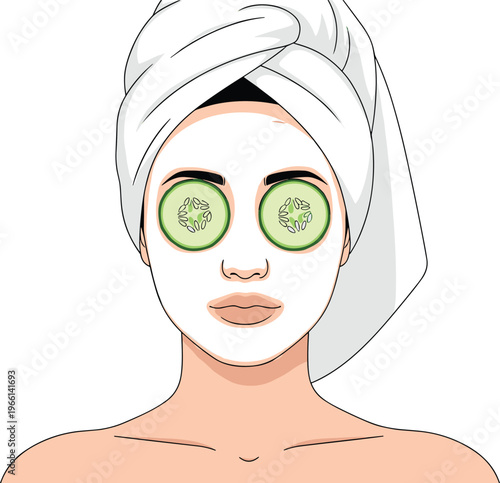Spa facial treatment vector illustration. Woman with towel and cucumber slices on eyes. Beauty skincare concept for wellness, relaxation and cosmetic care design.