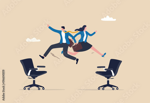Job rotation or employee switch position for new skill and experience, moving to new responsibility within organization concept, businessman and woman jump on office chair metaphor of job