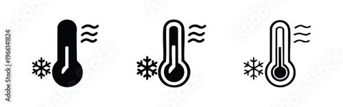 Cold temperature thermometer icon set, weather forecast and climate elements with snowflake