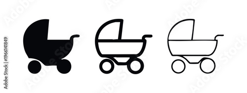 Baby stroller icon set for infant travel and outdoor activity, pram or buggy symbol