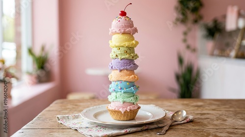 Tall stack of colorful pastel ice cream scoops with cherry on top on plate in pink interior, playful dessert concept