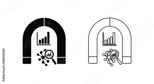 magnifying glass over bar chart inside a horseshoe magnet Vector