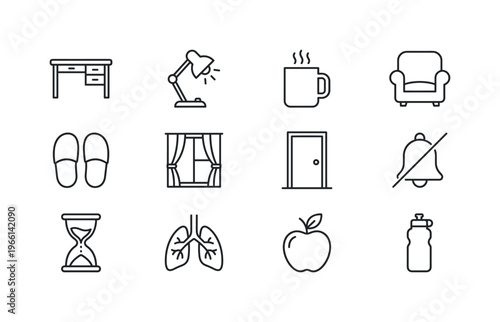 Collection of simple line icons representing everyday objects and concepts